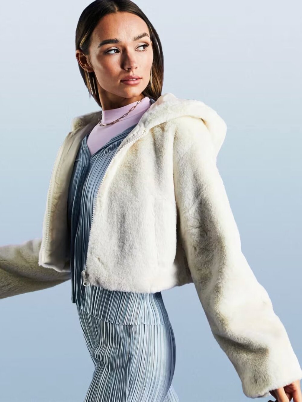Crop Hooded Faux Fur Cream Jacket